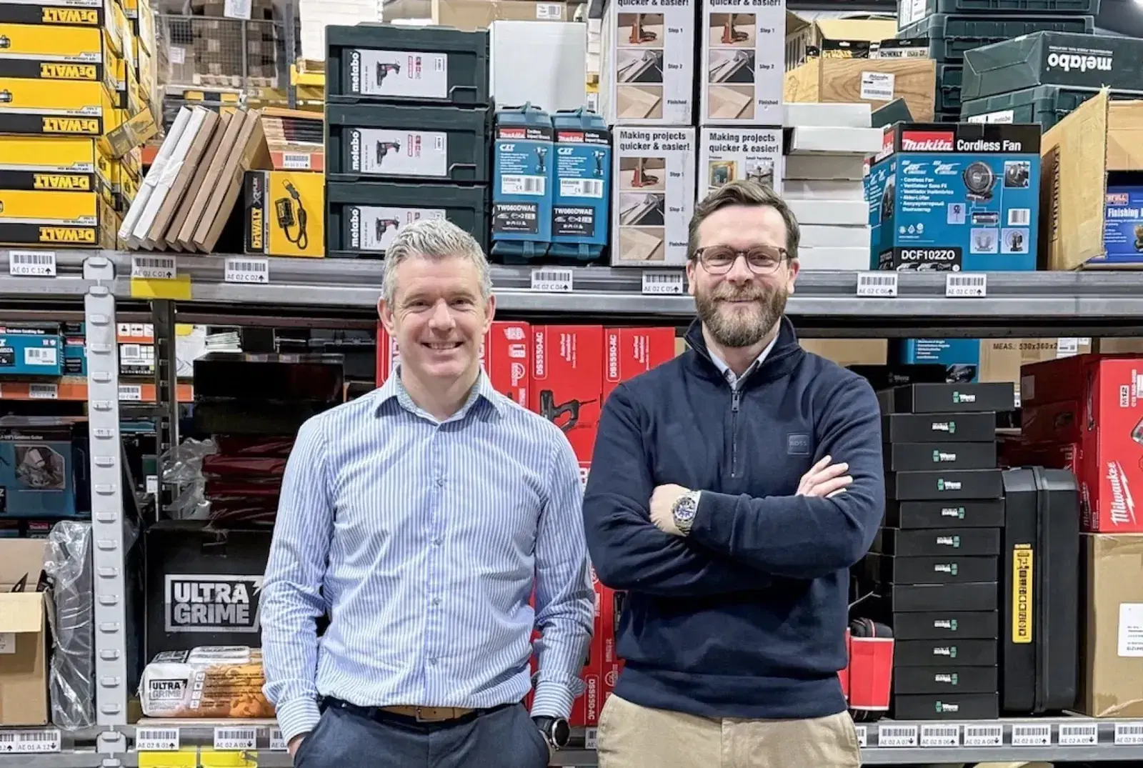 Power Tool World directors in their Newton Aycliffe warehouse, surrounded by stock