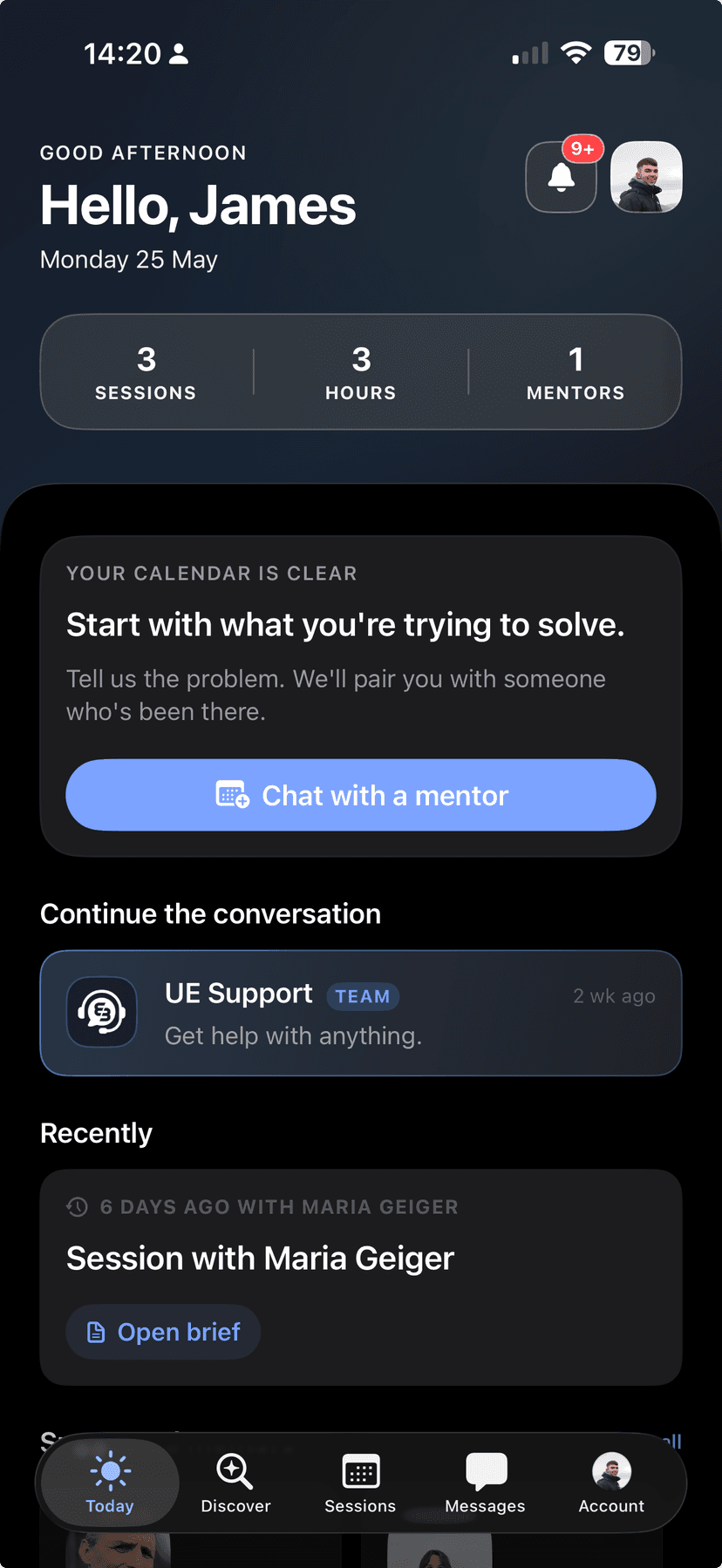Unlocked iOS app showing the Today view with session stats, mentor conversations, and recent session briefs